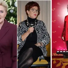 Eleganckie stylizacje na sylwestra: bordowy garnitur, czarna sukienka z wzorzystą marynarką i błyszczący czerwony komplet.