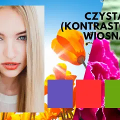 Kobieta o jasnych włosach i niebieskich oczach na tle kwitnących kwiatów. Tekst "Czysta (kontrastowa) wiosna" i kolorowe kwadraty.