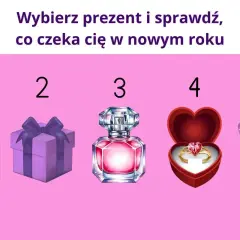 Pięć ponumerowanych prezentów: koperta, pudełko, perfumy, pierścionek, książka.