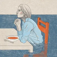 Kobieta siedzi przy stole, zanurzona w wodzie, z rękami złożonymi w geście modlitwy. Ilustracja symbolizuje trudności w tym, jak wybaczyć przykre słowa i znaleźć spokój.