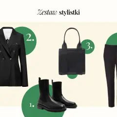 Elegancki czarny garnitur damski stylizacje: dwurzędowa marynarka, spodnie, botki i torebka. Idealny zestaw na co dzień i do pracy.