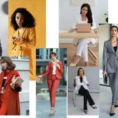 Kobiety w stylizacjach business casual: garnitury, marynarki, eleganckie spodnie i sukienki.