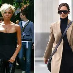 Victoria Beckham w stylizacjach: czarny gorset i błyszczące spodnie, beżowy płaszcz i golf.