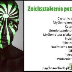 Twarz z zielono-czarnym wzorem, ilustrująca zniekształcenia poznawcze, takie jak myślenie emocjonalne i katastrofizacja.