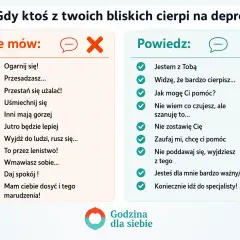 Jak rozmawiać z osobą w depresji: lista "nie mów" i "powiedz". Podkreśla empatię i wsparcie, zamiast bagatelizowania problemu.