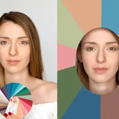 Kobieta z paletą barw "zgaszona jesień" obok swojego portretu na tle geometrycznych kształtów.