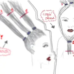 Ilustracja pokazuje, jak samej sobie obciąć włosy. Podziel włosy na trzy sekcje, zwiąż je i obetnij końce.