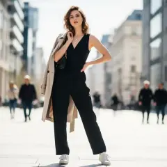 Elegancki czarny kombinezon i białe sneakersy tworzą stylowy zestaw na miejski spacer.