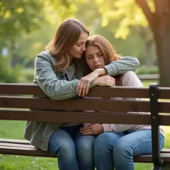 Kobieta pociesza drugą, obejmując ją ramieniem na ławce w parku.