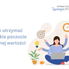 Ilustracja pokazuje kobietę z wieloma rękami, która pracuje przy laptopie, symbolizując efektywne zarządzanie zadaniami i budowanie wysokiego poczucia własnej wartości.