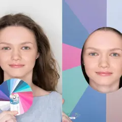 Kobieta z kołem barw w dłoni, obok jej twarz w otworze w tle z pastelowymi, zgaszone lato kolory.