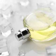 Eleganckie perfumy szyprowe w szklanej butelce, otoczone kostkami lodu. Chłodna elegancja i świeżość.