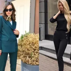 Elegancka sukienka do sądu w ciemnozielonym garniturze i czarny, dopasowany komplet.