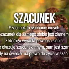 Dwie dziewczynki przytulają się, a na tle pojawiają się cytaty o szacunku do drugiego człowieka. Szacunek to podstawa.