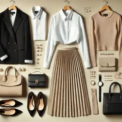 Elegancki strój na maturę: płaszcz, marynarki, koszule, spódnica, sukienka, torebki i buty.