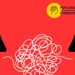 Dwie sylwetki twarzy, jedna czarna, druga czerwona, próbują się porozumieć. Między nimi plątanina białych linii symbolizuje trudności, jak rozmawiać z narcyzem.