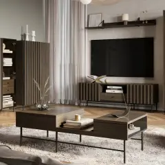 Elegancki salon z meblami w stylu quiet luxury, drewnianymi panelami i miękkim dywanem.