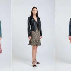 Trzy kobiety prezentują stylizacje z sukienkami i kurtkami. Jedna ma zieloną kurtkę do sukienki w kwiaty, druga czarną kurtkę do sukienki w drobne wzory, trzecia granatową kurtkę do sukienki w kwiaty.