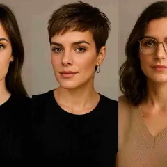 Trzy kobiety prezentujące nowoczesne fryzury damskie: długie fale, krótki pixie cut i falowane włosy do ramion.