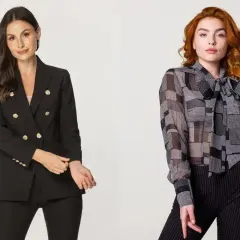 Eleganckie stylizacje na czas żałoby po mamie: czarna marynarka z guzikami i czarne spodnie lub wzorzysta bluzka z kokardą i spodnie w prążki.