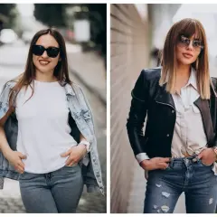 Dwie kobiety prezentują stylizacje na koncert rockowy: jeansowa kurtka i biały t-shirt lub skórzana ramoneska i satynowa koszula.