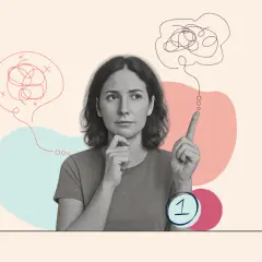 Kobieta zamyślona, z palcem uniesionym do góry, symbolizującym intuicję. Obok niej chaotyczne linie, sugerujące proces myślowy.