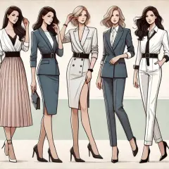 Kobiety prezentują elegancki styl biznesowy w różnych strojach: garnitury, spódnice i płaszcze.