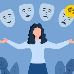 Kobieta otoczona maskami wyrażającymi różne uczucia i emocje. Symbolizuje złożoność ludzkiej psychiki.