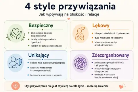 4 style przywiązania: bezpieczny, lękowy, unikający, zdezorganizowany. Jak rozmawiać z chłopakiem, by budować bliskość i relacje.
