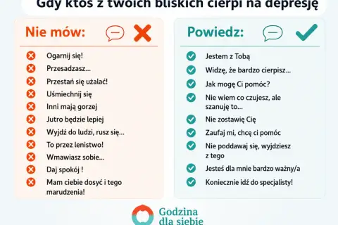 Jak rozmawiać z osobą w depresji: lista "nie mów" i "powiedz". Podkreśla empatię i wsparcie, zamiast bagatelizowania problemu.