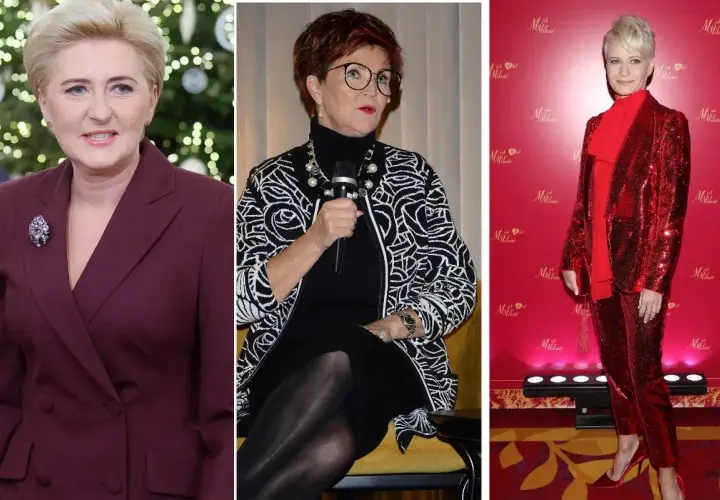 Eleganckie stylizacje na sylwestra: bordowy garnitur, czarna sukienka z wzorzystą marynarką i błyszczący czerwony komplet.