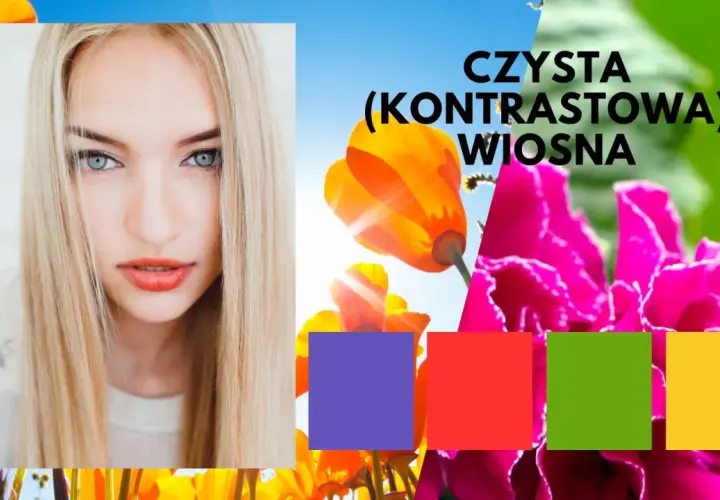 Kobieta o jasnych włosach i niebieskich oczach na tle kwitnących kwiatów. Tekst "Czysta (kontrastowa) wiosna" i kolorowe kwadraty.