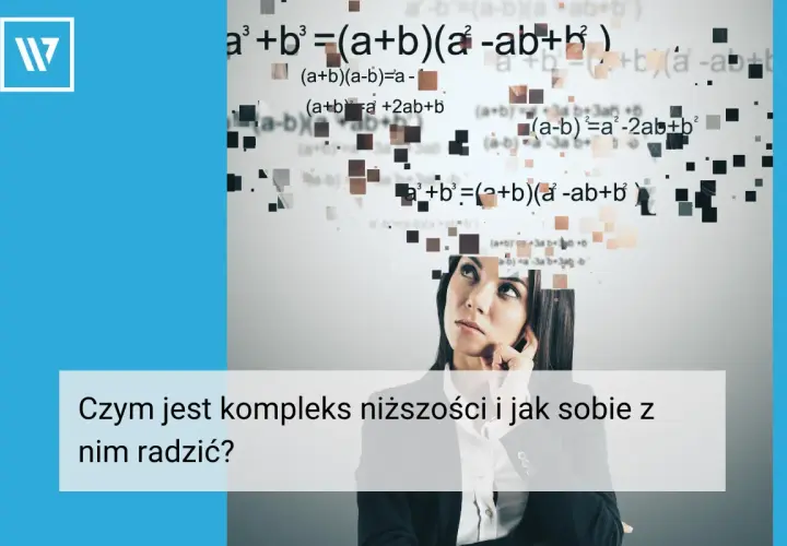 Kobieta zmagająca się z myślami, które tworzą matematyczne równania, symbolizujące kompleks niższości.