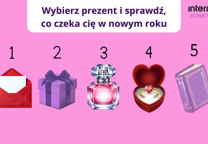 Pięć ponumerowanych prezentów: koperta, pudełko, perfumy, pierścionek, książka.
