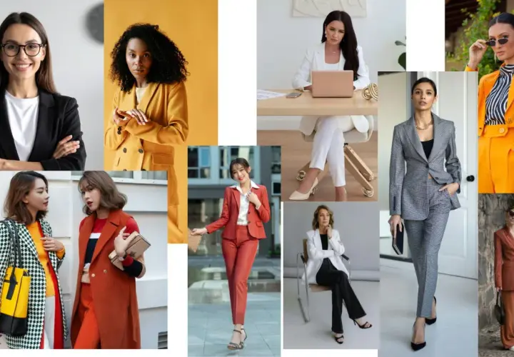 Kobiety w stylizacjach business casual: garnitury, marynarki, eleganckie spodnie i sukienki.