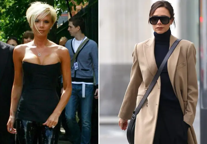 Victoria Beckham w stylizacjach: czarny gorset i błyszczące spodnie, beżowy płaszcz i golf.