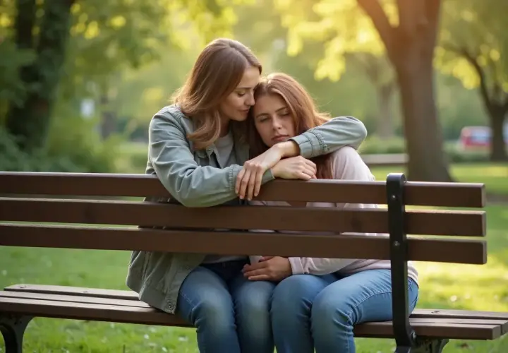 Kobieta pociesza drugą, obejmując ją ramieniem na ławce w parku.
