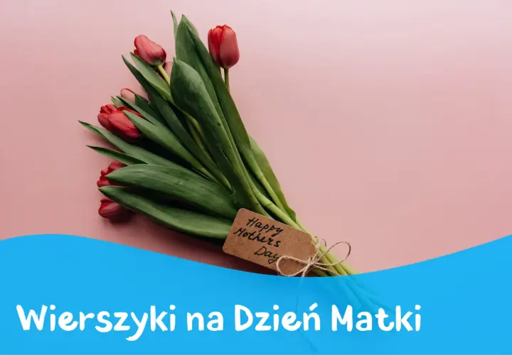 Bukiet czerwonych tulipanów z metryczką "Happy Mothers Day". Idealny, by podarować mamie wierszyk na Dzień Matki.