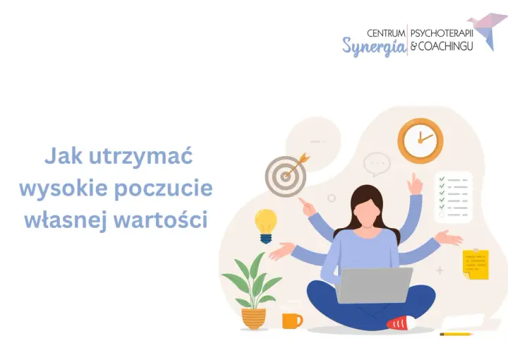 Ilustracja pokazuje kobietę z wieloma rękami, która pracuje przy laptopie, symbolizując efektywne zarządzanie zadaniami i budowanie wysokiego poczucia własnej wartości.