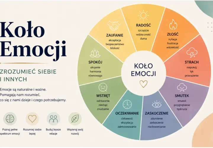 Koło Emocji pomaga w rozpoznawaniu emocji, od radości po smutek, ułatwiając zrozumienie siebie i innych.