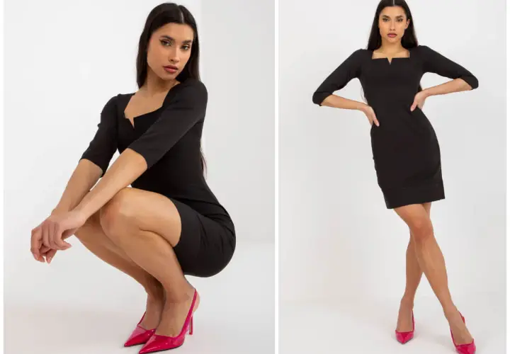 Elegancka czarna sukienka z dekoltem V, idealna na wesele. Czy wypada iść w czarnej sukience na wesele? Ta stylizacja z fuksjowymi szpilkami odpowiada na to pytanie.