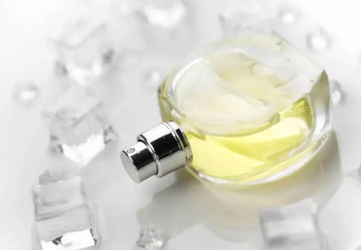 Eleganckie perfumy szyprowe w szklanej butelce, otoczone kostkami lodu. Chłodna elegancja i świeżość.