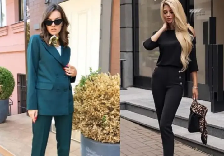 Elegancka sukienka do sądu w ciemnozielonym garniturze i czarny, dopasowany komplet.