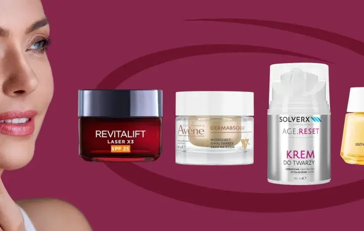 Kobieta z piękną cerą aplikuje krem. Obok cztery kosmetyki do pielęgnacji twarzy: Revitalift, Avène Dermabsolu, Solverx Age.Reset i Vichy Neovadiol.
