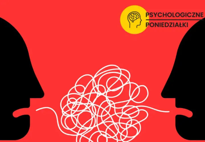 Dwie sylwetki twarzy, jedna czarna, druga czerwona, próbują się porozumieć. Między nimi plątanina białych linii symbolizuje trudności, jak rozmawiać z narcyzem.