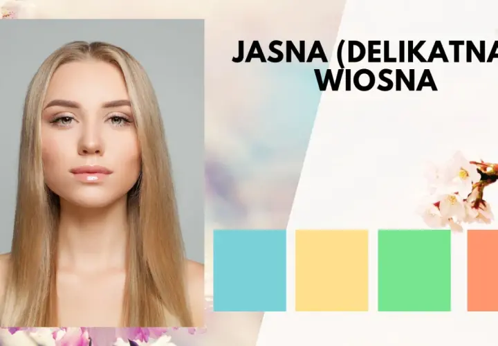 Portret kobiety o jasnych włosach, idealny dla typu urody wiosna. Obok paleta pastelowych barw: błękit, żółty, zieleń, brzoskwinia.