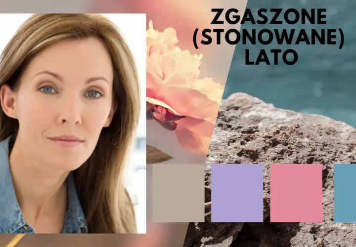Kobieta z zgaszone lato włosy, obok kwiat i kamienie. Paleta barw.