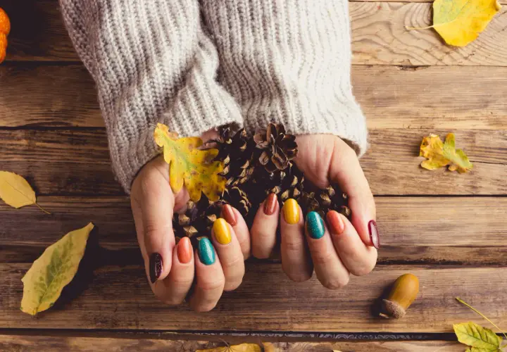 Dłonie w swetrze trzymają szyszki i liście, otoczone jesiennymi dekoracjami. To taki **soft autumn**.
