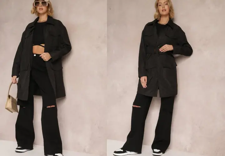 Dwie stylizacje z czarnym trencza. Luźne spodnie z rozdarciami i sneakersy dopełniają miejski look.