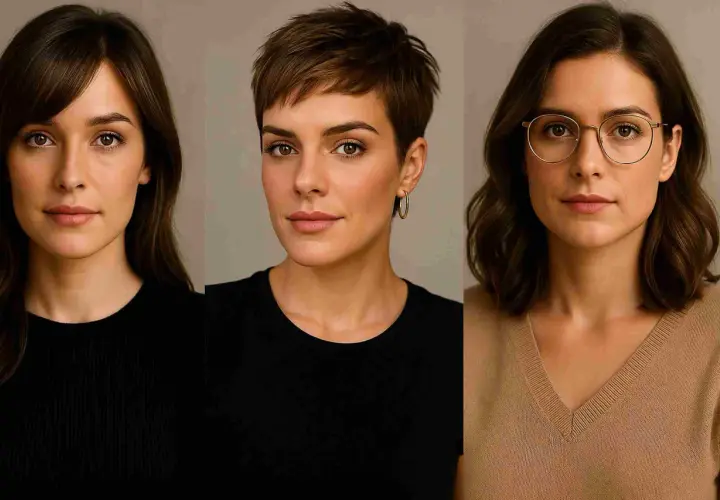 Trzy kobiety prezentujące nowoczesne fryzury damskie: długie fale, krótki pixie cut i falowane włosy do ramion.